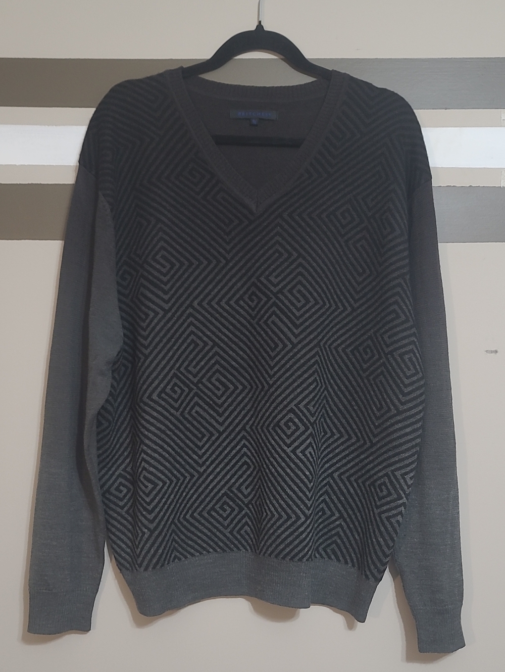 Britches Ombre Grey V-Neck Geometric Knit Sweater Sz XL